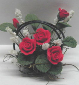 Dollhouse Miniature Red Roses/Wire Basket 1 1/4